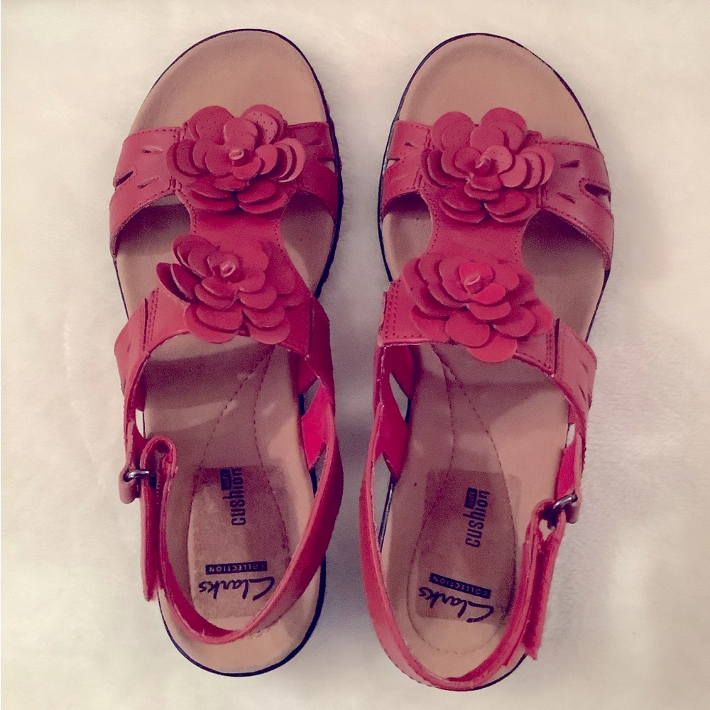 Clarks red flower sandals size 8